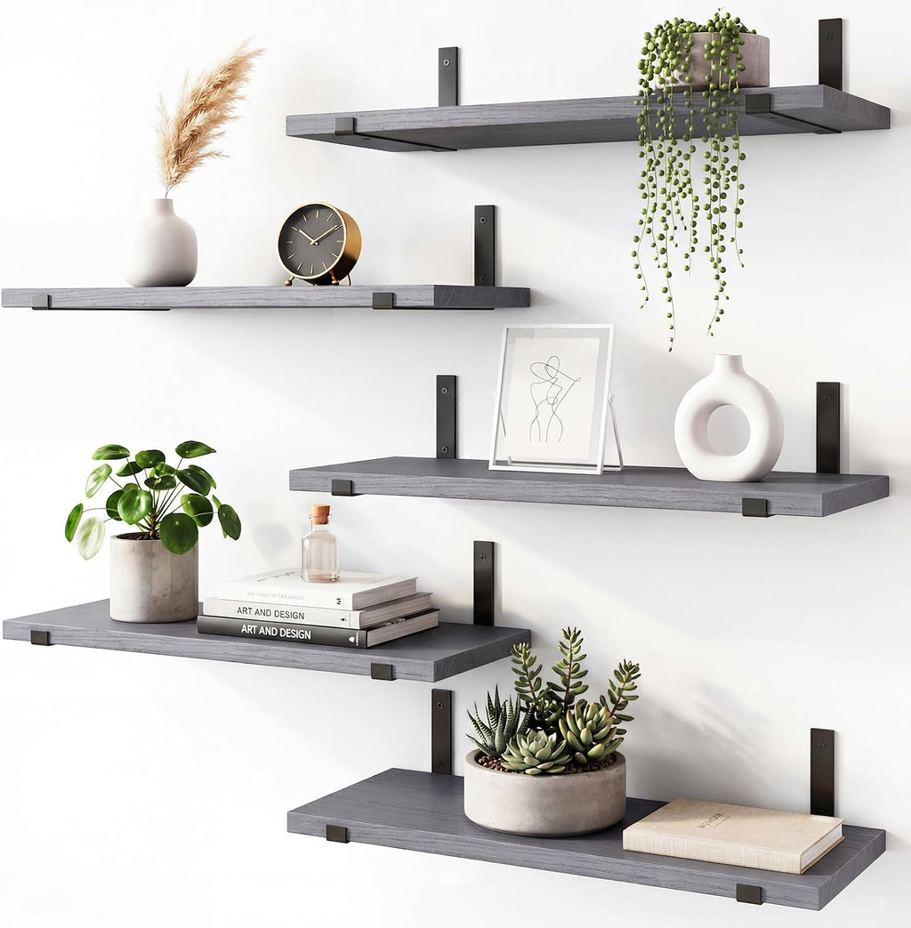 Fixwal Width 4.75 Inches Floating Wall Shelves, Set of 5, Grey