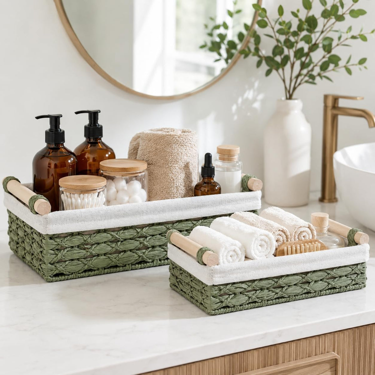 Sage Green Bathroom Baskets Set of 2, Paper Rope, Wood Handles