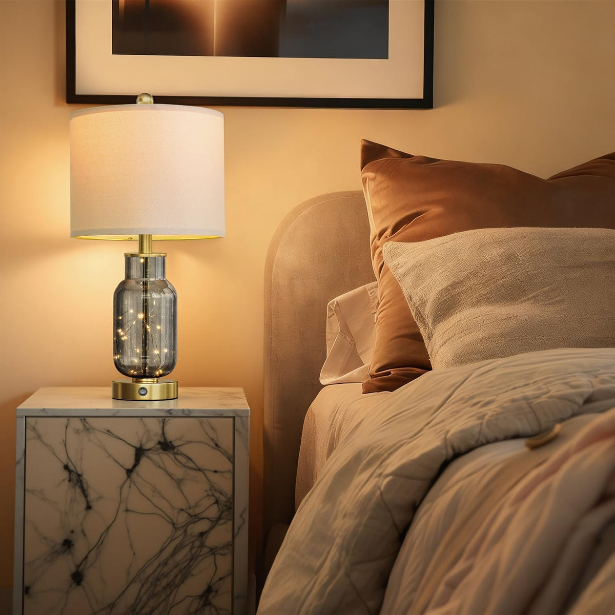 Oneach 22" Glass Table Lamps Set of 2 with LED Nightlight for Bedroom, Gray