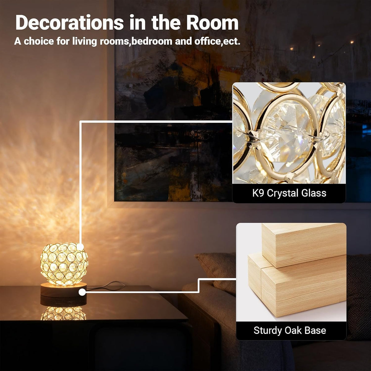 Crystal Mood Table Lamp, Voice Control K9 Glass Sphere Light, Wood Base
