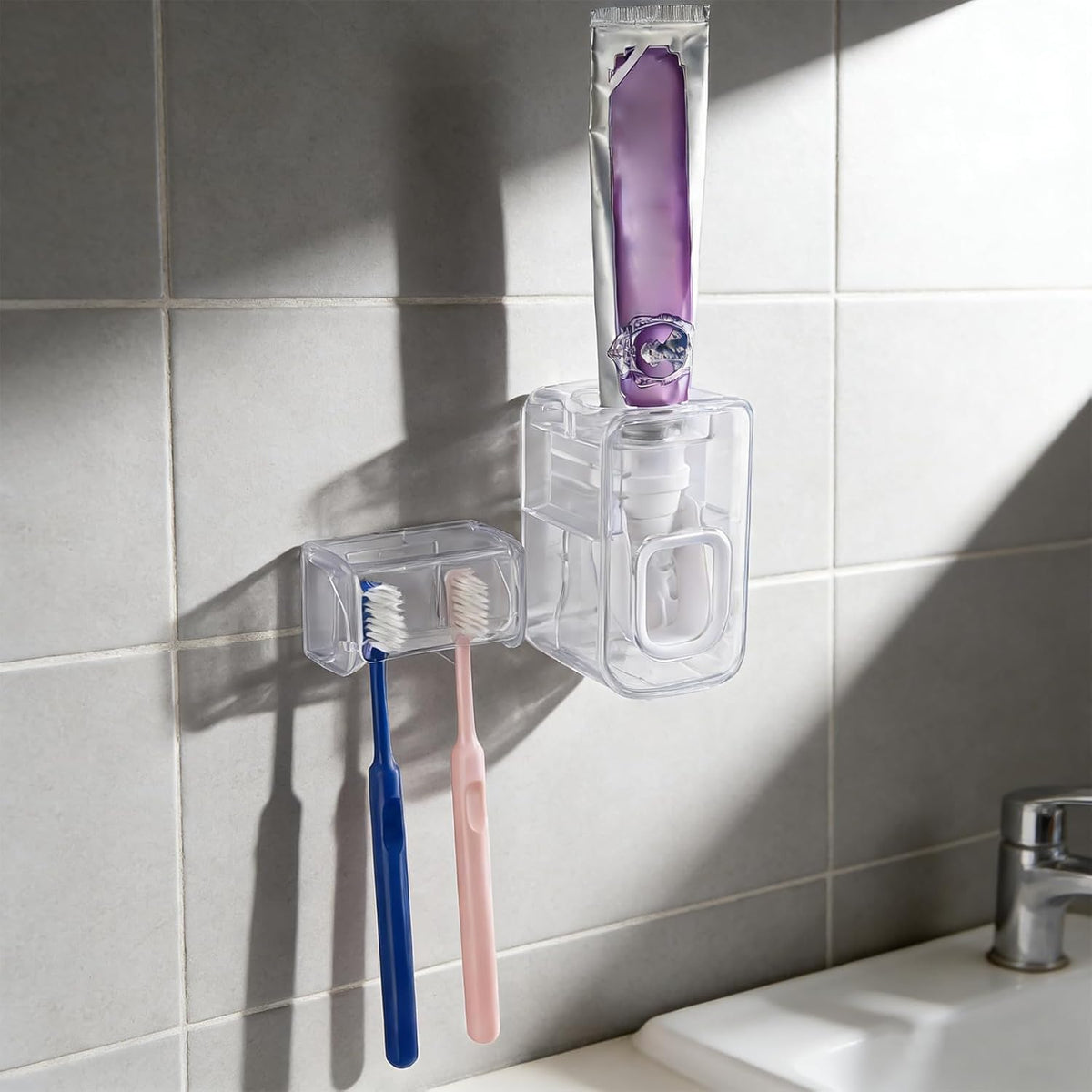 Toothbrush Holder Wall Mounted with Cover for Bathroom, 2 Slots Toothbrush Storage Organizer for Shower, Self Adhesive Toothbrush Hanger with Automatic Toothpaste Squeezer Dispenser (Clear)