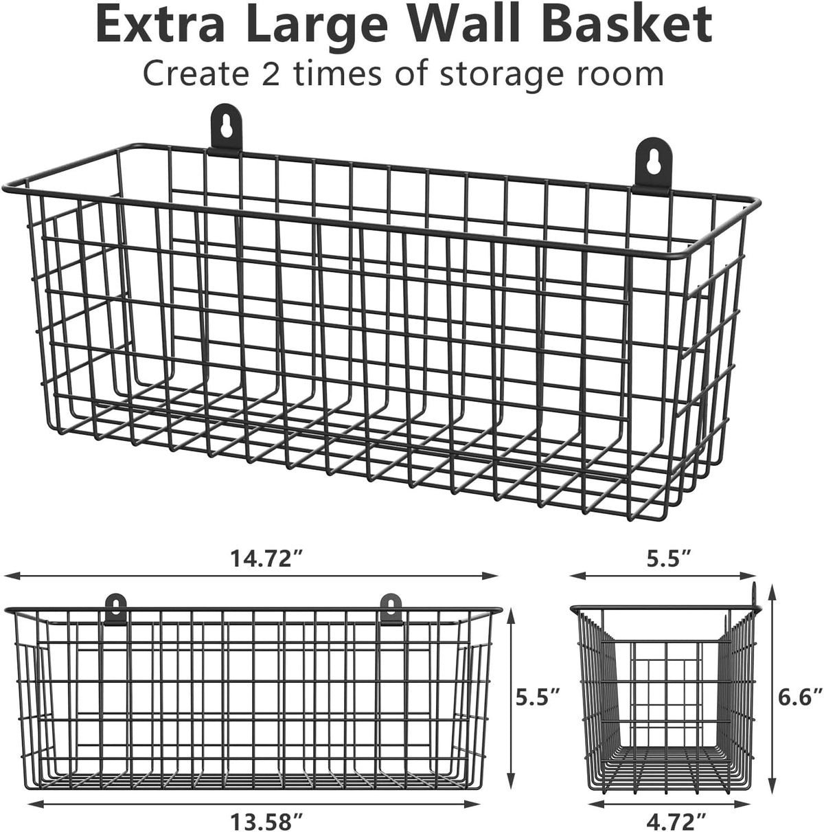 MaraFansie [Extra Large] Wire Basket 2-Pack Hanging Wall Organizer Cabinet Storage Basket Wall Mounted Shelves Rustic Farmhouse Decor for Home Kitchen Bathroom, BLACK