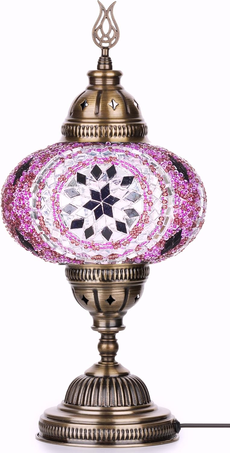 DEMMEX – 7" Large Globe Turkish Moroccan Mosaic Table Lamp, Handcrafted Tiffany-Style Colorful Glass Bedside, Desk & Table Light, Artisan Decor for Living Room or Bedroom, 14" H (Lilac)