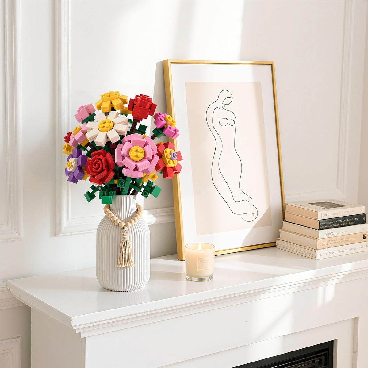 JOHOUSE White Ceramic Vase, 7.9 Inch Ribbed Vase with Wooden Beads Tassel