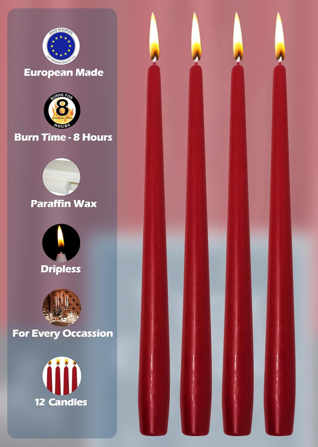 Hyoola Tall Taper Candles - 10 Inch Cherry Red Unscented Dripless Taper Candles - 8 Hour Burn Time - 12 Pack
