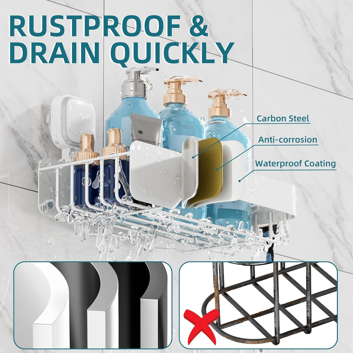 TAILI Shower Caddy Suction Cup Rustproof Metal Shower Shelves White 2pack