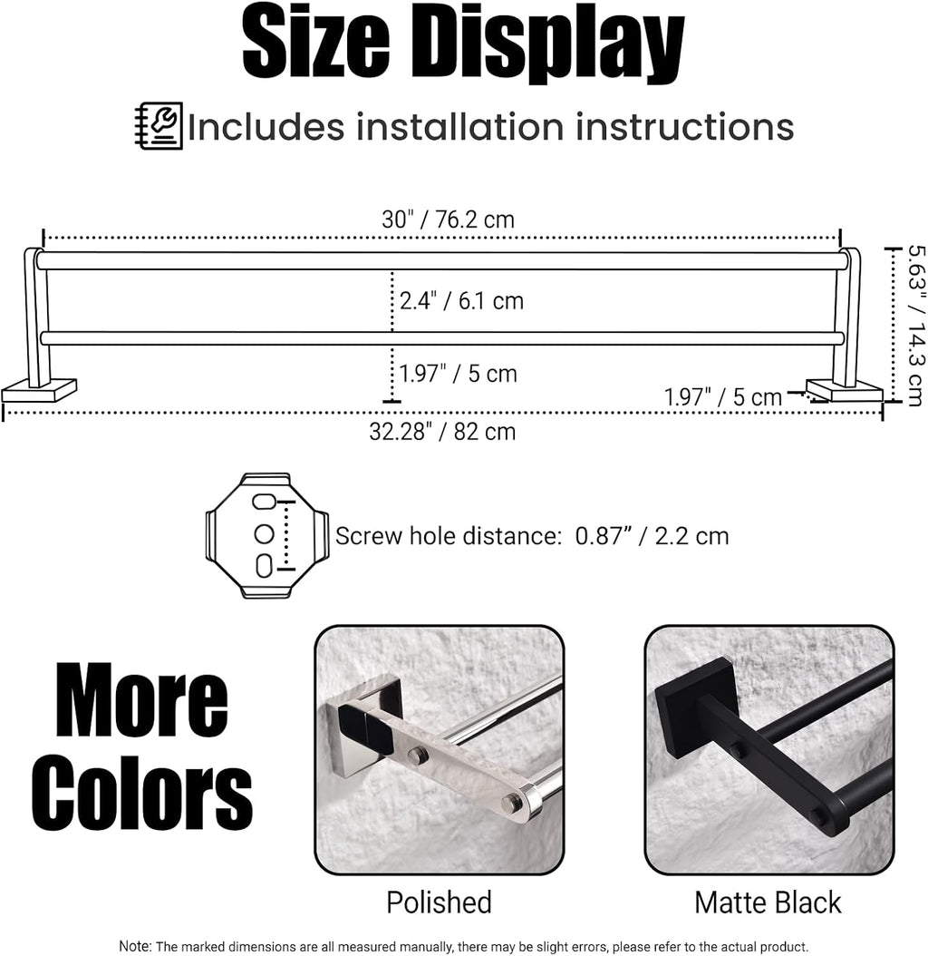 Miyili 30-Inch Double Bath Towel Bar with Square Base Brushed