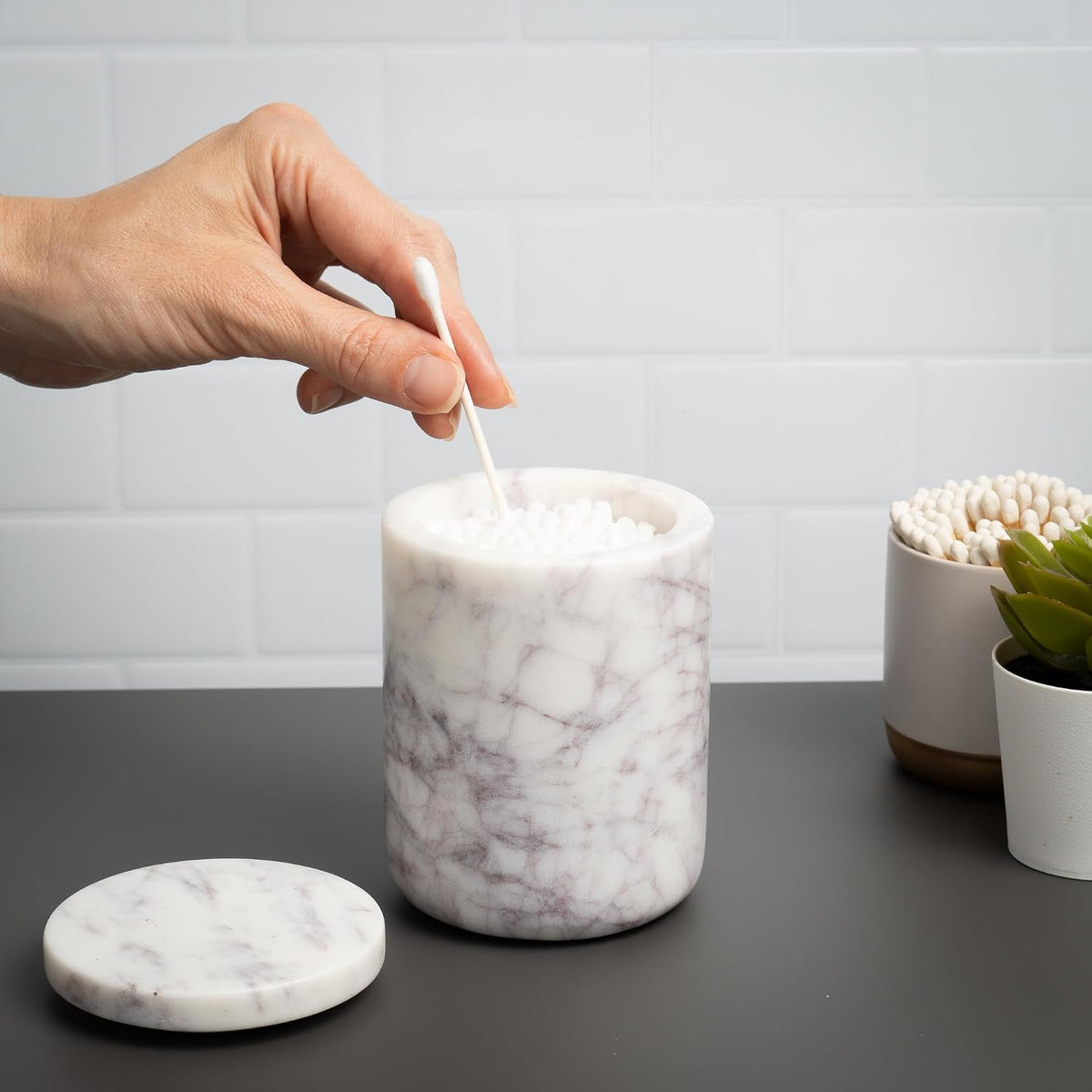 Cork & Mill Marble Bathroom Canister with Lid for Qtips and Swabs
