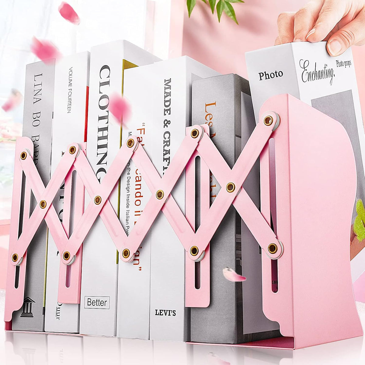 Non Skid Book Ends to Hold Books, Carooyac Heavy Duty Bookends Adjustable Book End, Metal Bookends for Shelves, Pink Book Holders Organizer for Bookshelf Desk - Extends up to 19"
