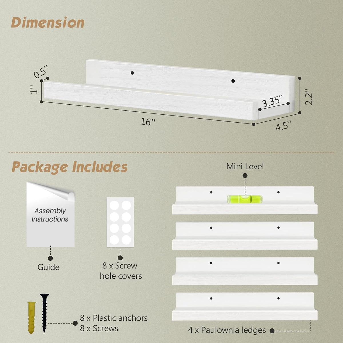 16 Inch Picture Ledge Shelf, Photo Floating Shelves with Lip for Wall