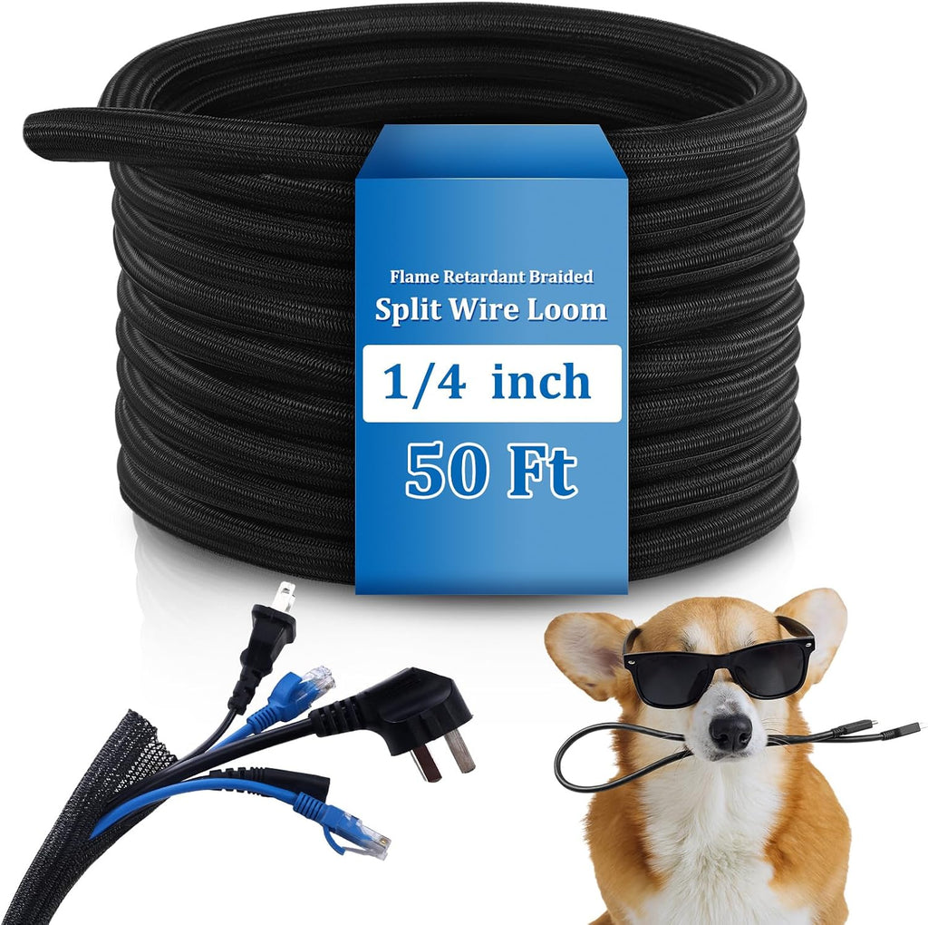Pangda 50 ft Split Wire Loom Tubing Cable Sleeve Cord Protector, 1/4 Inch