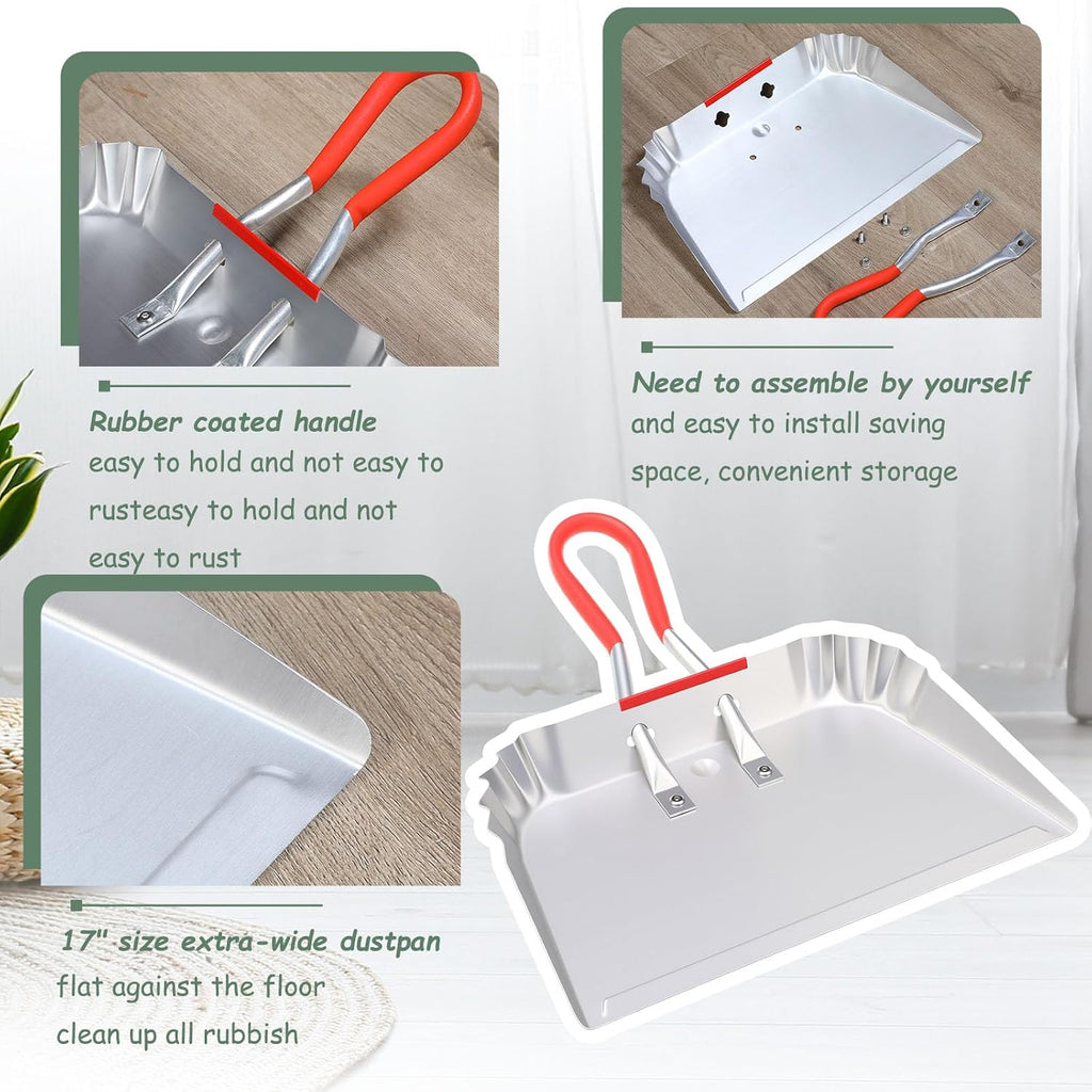 2 Metal Dustpans with Hand Brush, 17 Inch Heavy Duty Cleaning Set, Sliver