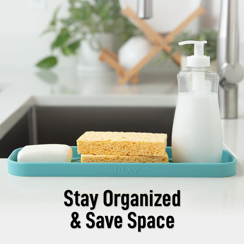 Zulay Kitchen Large Silicone Sponge Holder (12x4) – Flexible Sink Organizer Tray for Kitchen & Bathroom – Multipurpose Soap Dish for Sponges, Makeup, Trinkets & More (Aqua Sky)