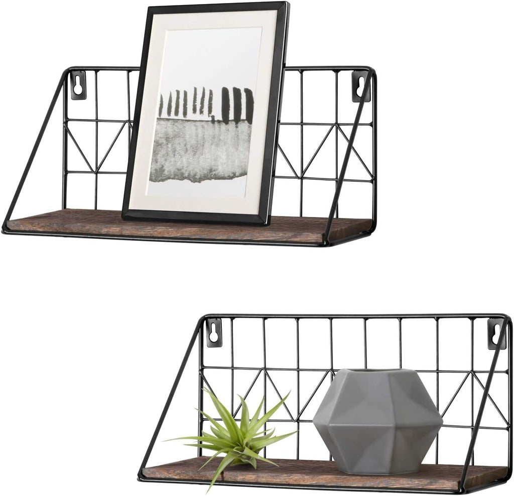 Mkono Floating Shelves Wall Mounted Set of 2 Rustic Wood Storage Display Shelf with Metal Wire Basket 11.4 Inches, Hanging Shelf for Bedroom Bathroom Living Room Kitchen Office, Brown,Small