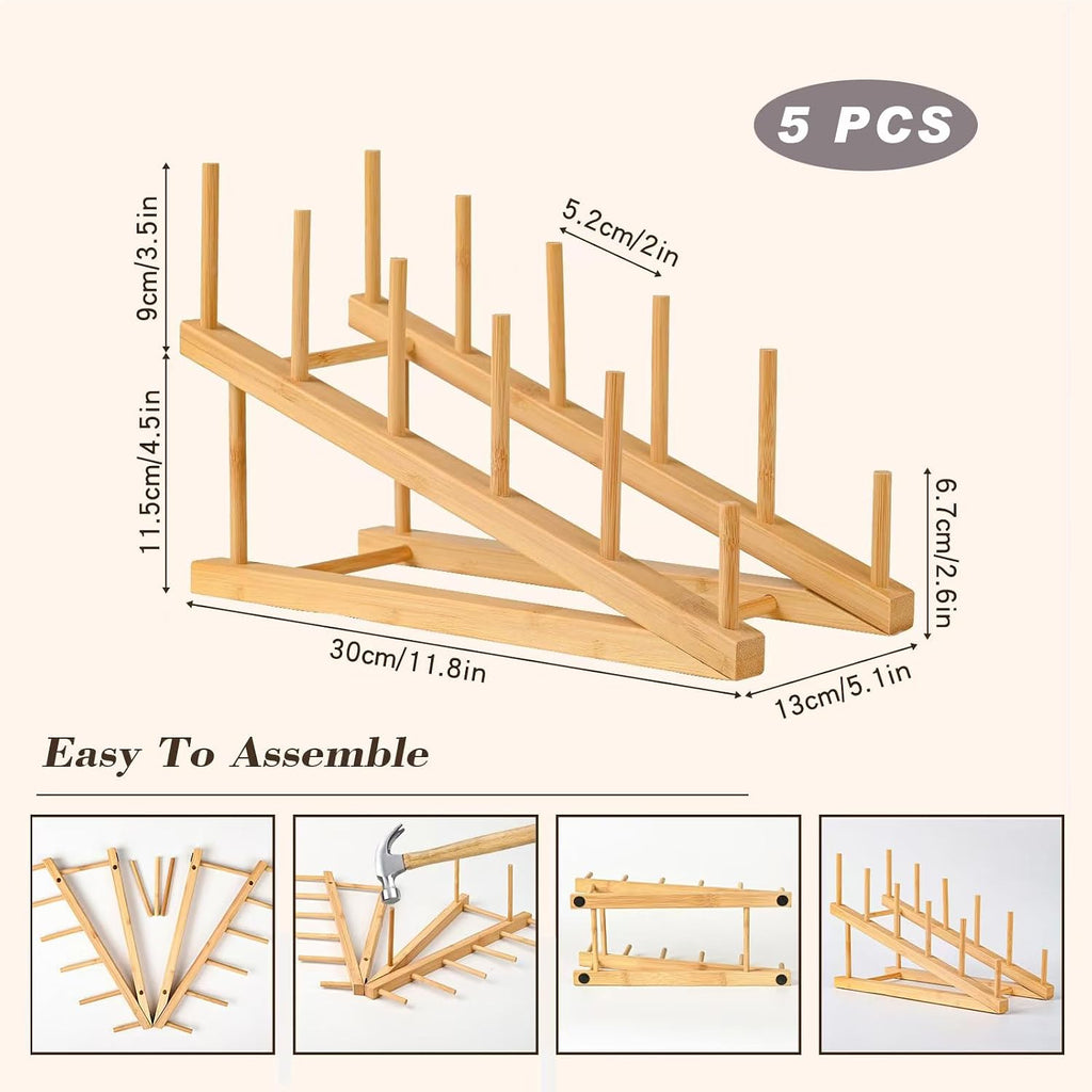 5 Pack Plate Stands For Display, Wooden Multi Plate Holder Organizer