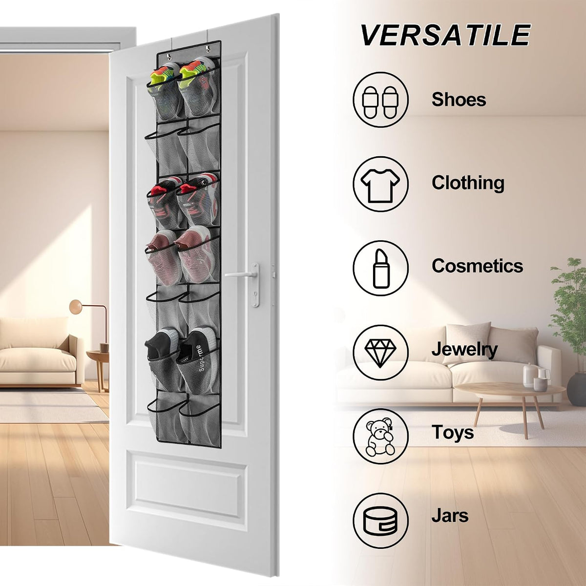 PVWSG Over The Door Shoe Organizer, 14 Large Mesh Pockets Hanging Shoe Rack for Closet Organizers and Storage, Gray, 2-pack (gray)