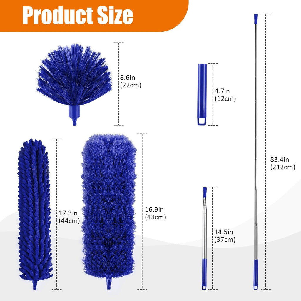 4 Pcs Microfiber Cobweb Duster with 100-inch Extendable Pole, Washable and Reusable Feather Cleaning Duster Kit with 3 Duster Heads,Dusters for Cleaning with Telescopic Pole for High Ceiling Fan,Blue