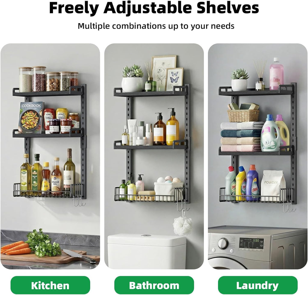 Kalrin 3 Tier Bathroom Shelves Over Toilet - Wall Mounted Floating Shelves with Drain Basket, Toilet Paper Storage, Height Adjustable Over The Toilet Storage, Pure Black