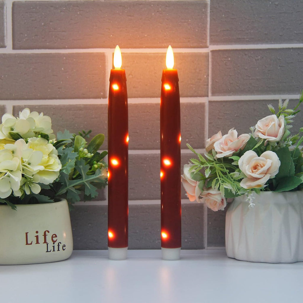 Flameless Flickering Taper Candles Battery Operated with Embedded String Lights, wtih Timer and Remote, LED Real Wax Tapered Dinner Candle Set of 2 (Red)