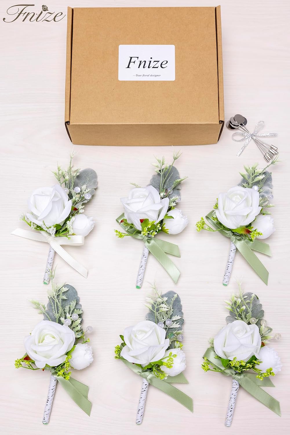 Fnize White Boutonniere for Men Set of 6 Groom Groomsmen Wedding Flower