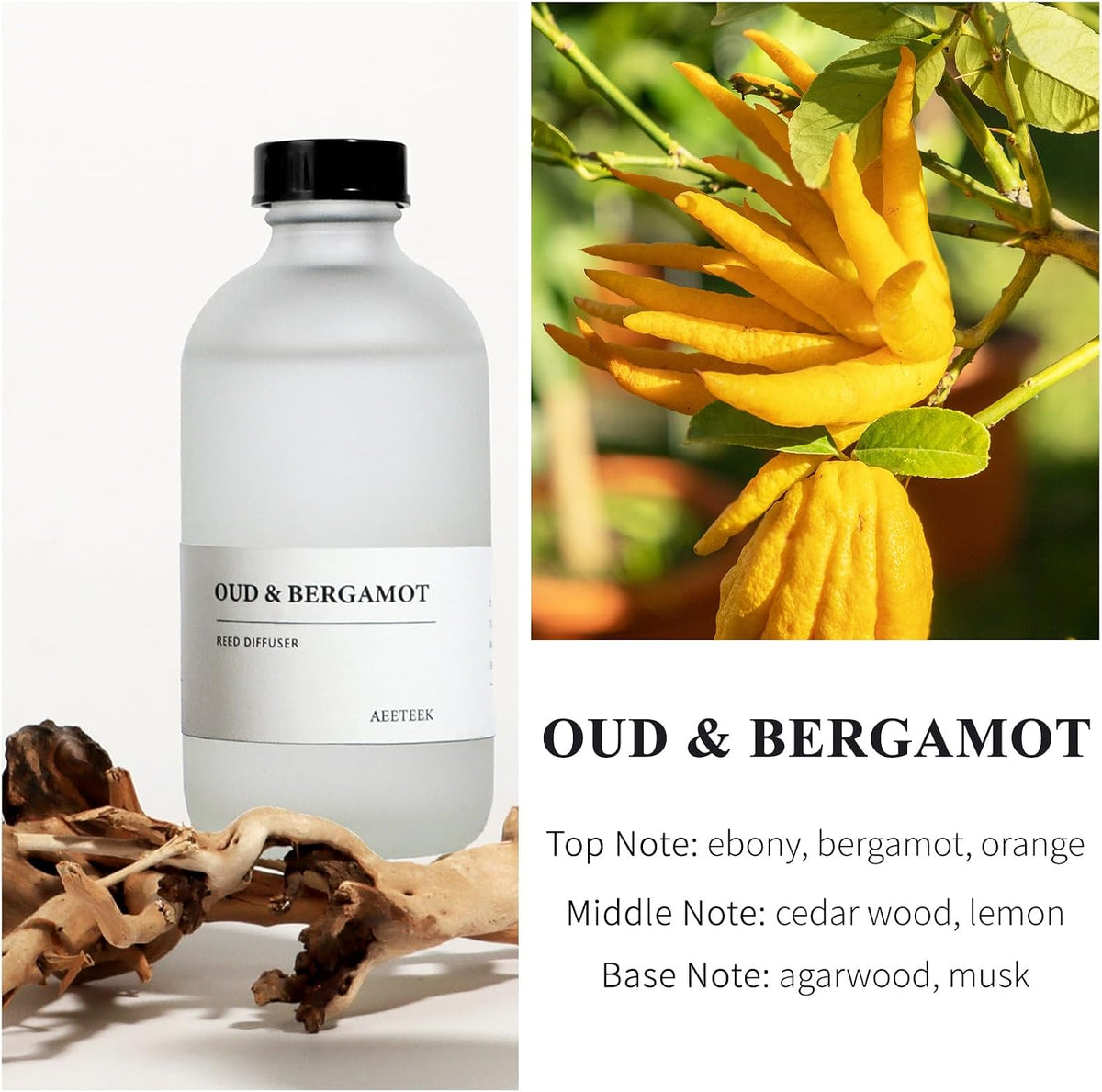Oud Bergamot Reed Diffuser, 7.4oz(220ml) Orange & Cedar Wood Essential Oils, Air Freshener for Bathroom with Willow Branches Decor, Long Lasting Fragrance for Home, Office (1-Pack)
