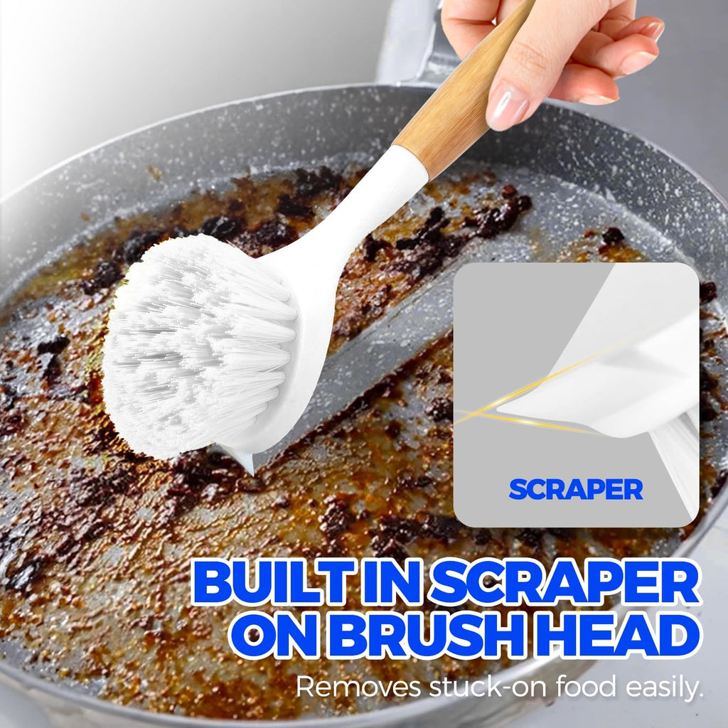 Holikme 3 Pack Dish Brush with Bamboo Handle Cleaning Brush,White