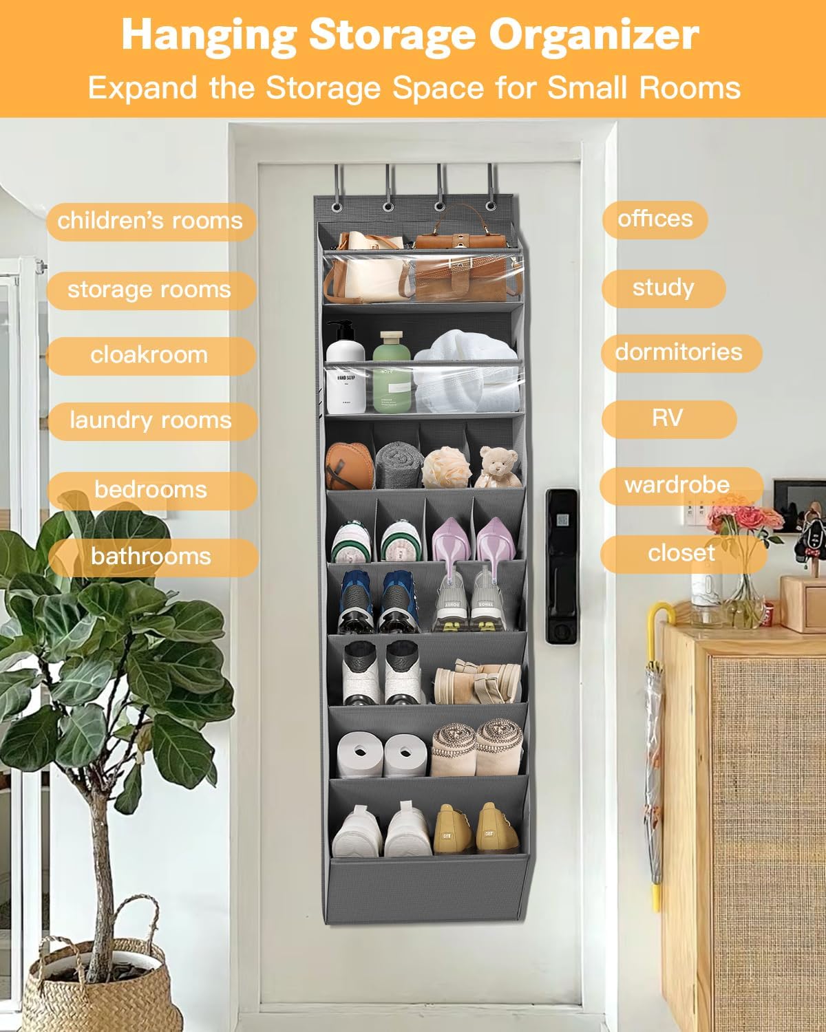 Over The Door Shoe Storage Organizer, 8 Tiers Hanging Shoe Rack Behind Door Shoe Holder with 6 Large Deep Pockets 8 Small Pockets, Narrow Shoe Rack for Closet Bedroom Bathroom Nursery RV Dorm, Grey
