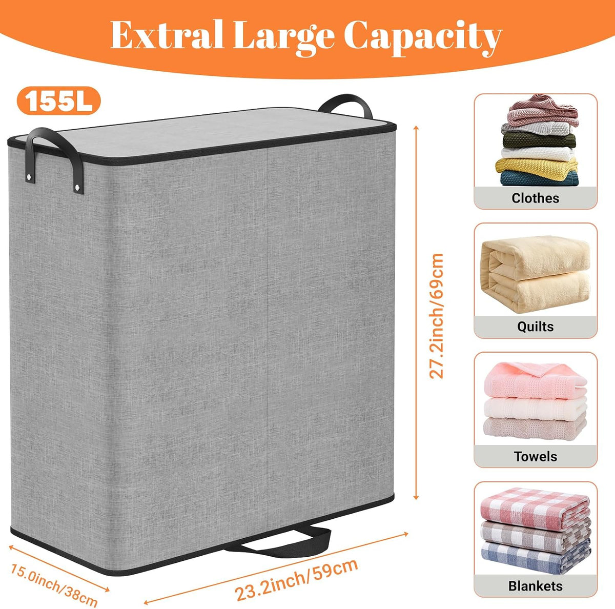 155L 2 Section Laundry Hamper with Lid, Laundry Basket, Gray