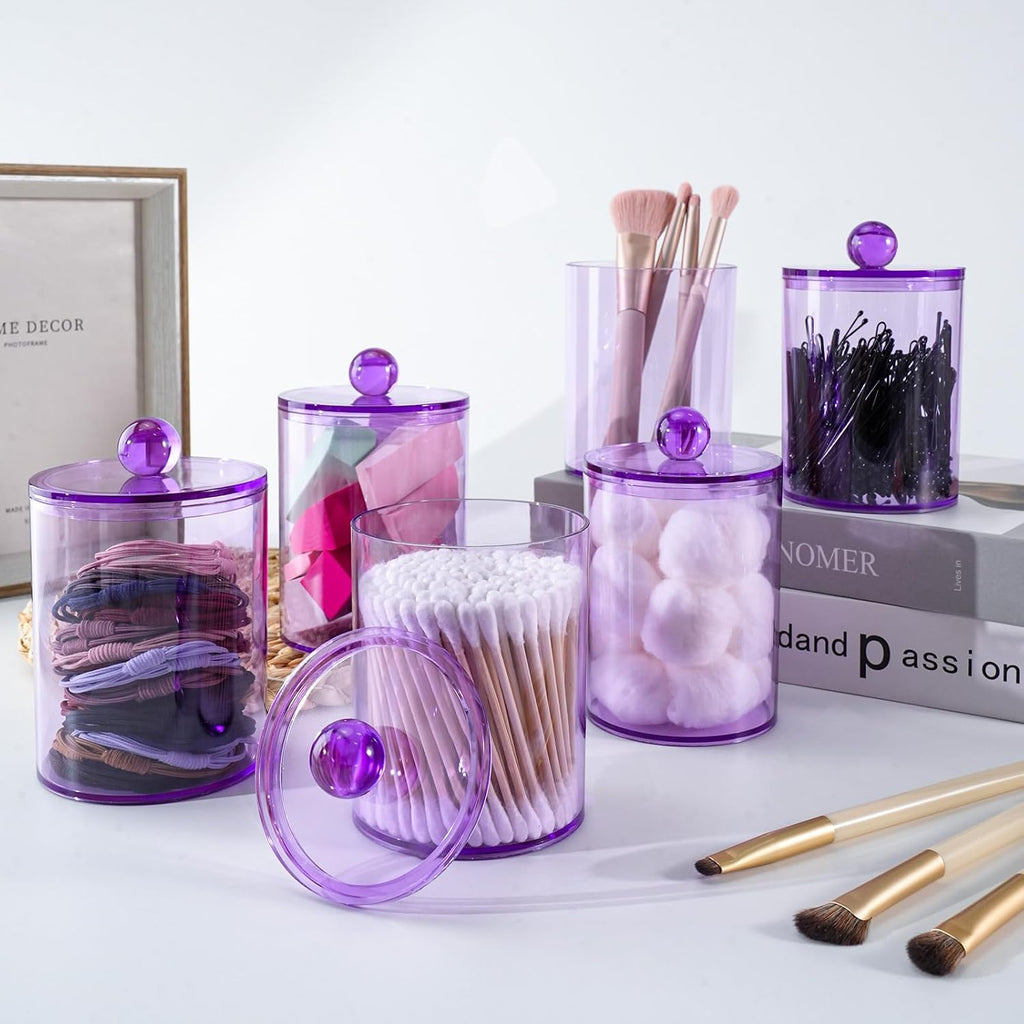 4 Pcs Acrylic Qtip Holder, Cotton Ball Holder Jars with Lids, Purple