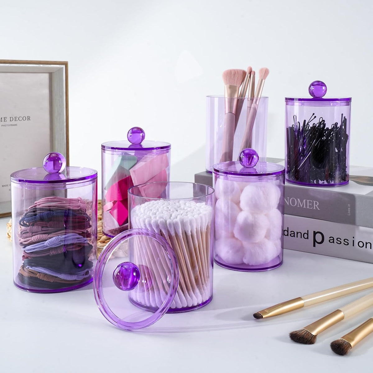 4 Pcs Acrylic Qtip Holder, Cotton Ball Holder Jars with Lids, Purple
