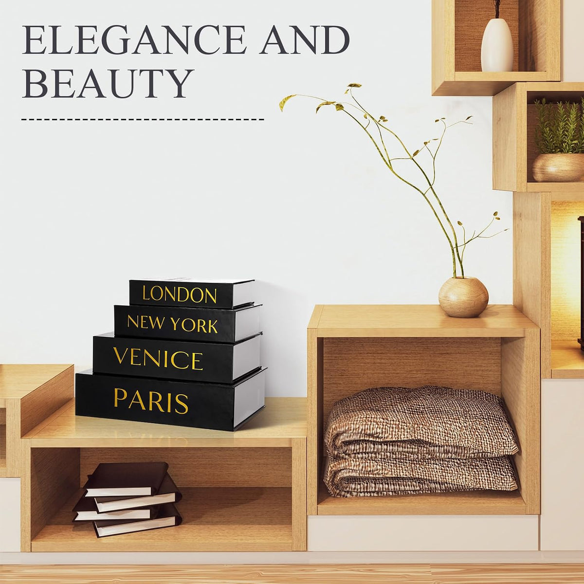Sabary Set of 4 Decorative Books Box, Black and Gold, Classic Style