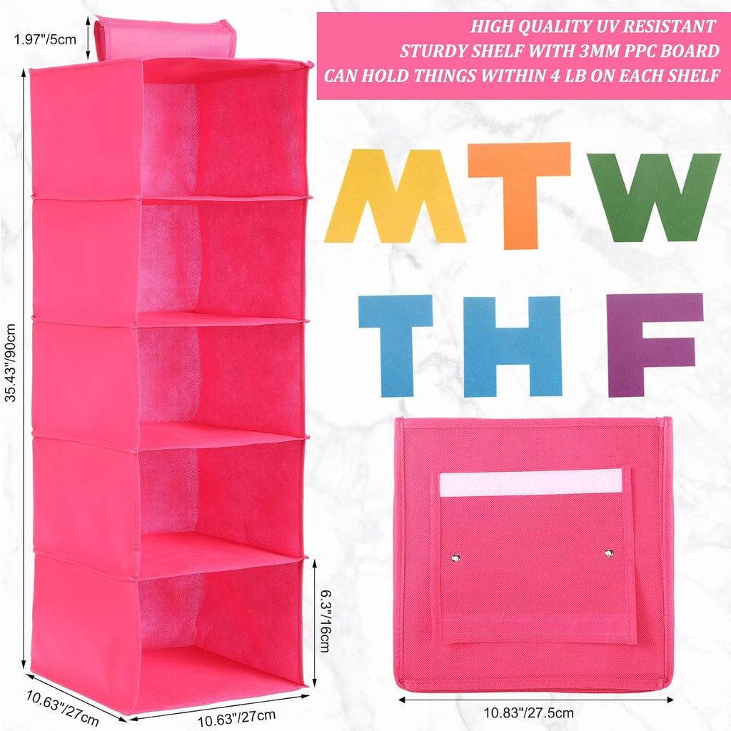 Hahafelt 2pcs 5 Shelf Weekly Clothes Organizer for Kids, Rose Red