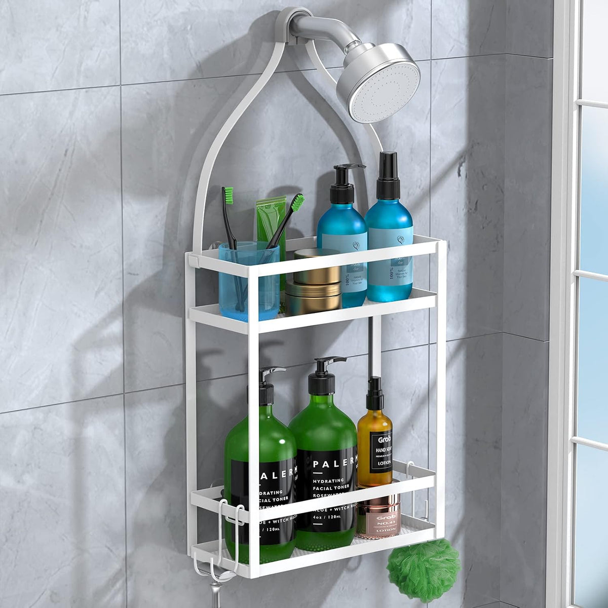 Meangood Shower Caddy 10.4" x 4.5" x 22.04" Hanging Shower Caddy Organizer Over Shower Head Big Capacity for Shampoo, Conditioner with Hooks for Razor/Sponge, White