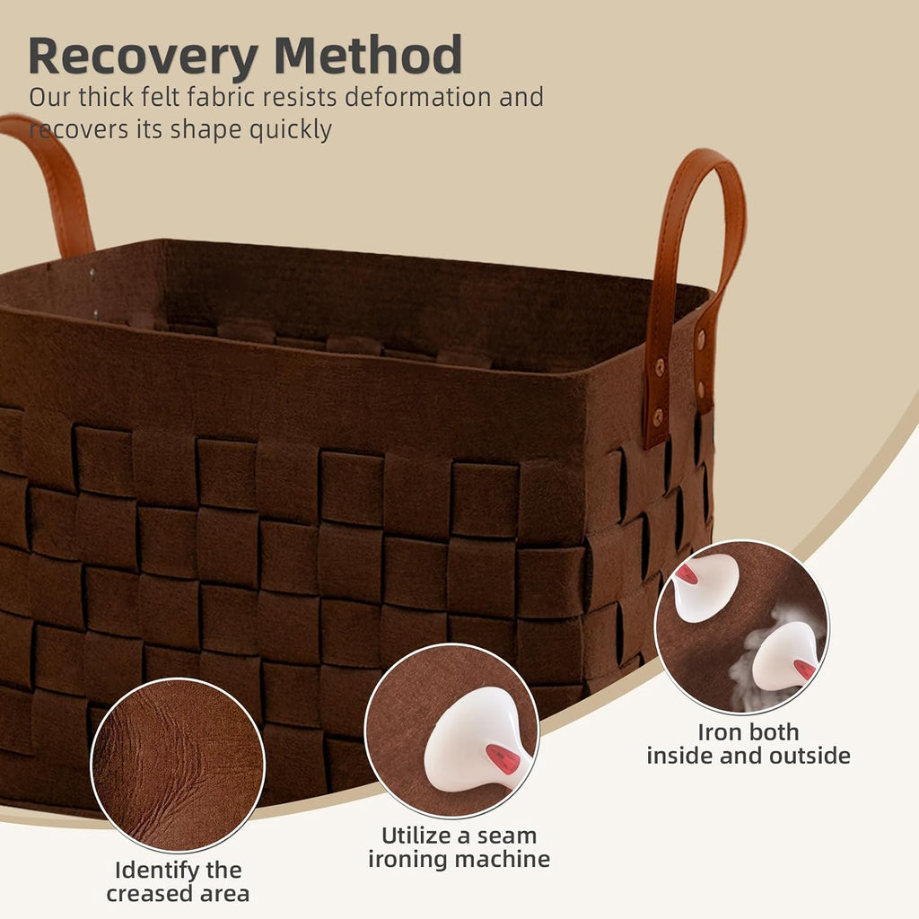 boldmonkey Laundry Basket 15 " x13 x11 2 Pack, Large Rectangular Felt Fabric Blanket Basket with Leather Handle, Dirt Clothes Laundry Hamper for Babies, Dogs and Living Room-Brown