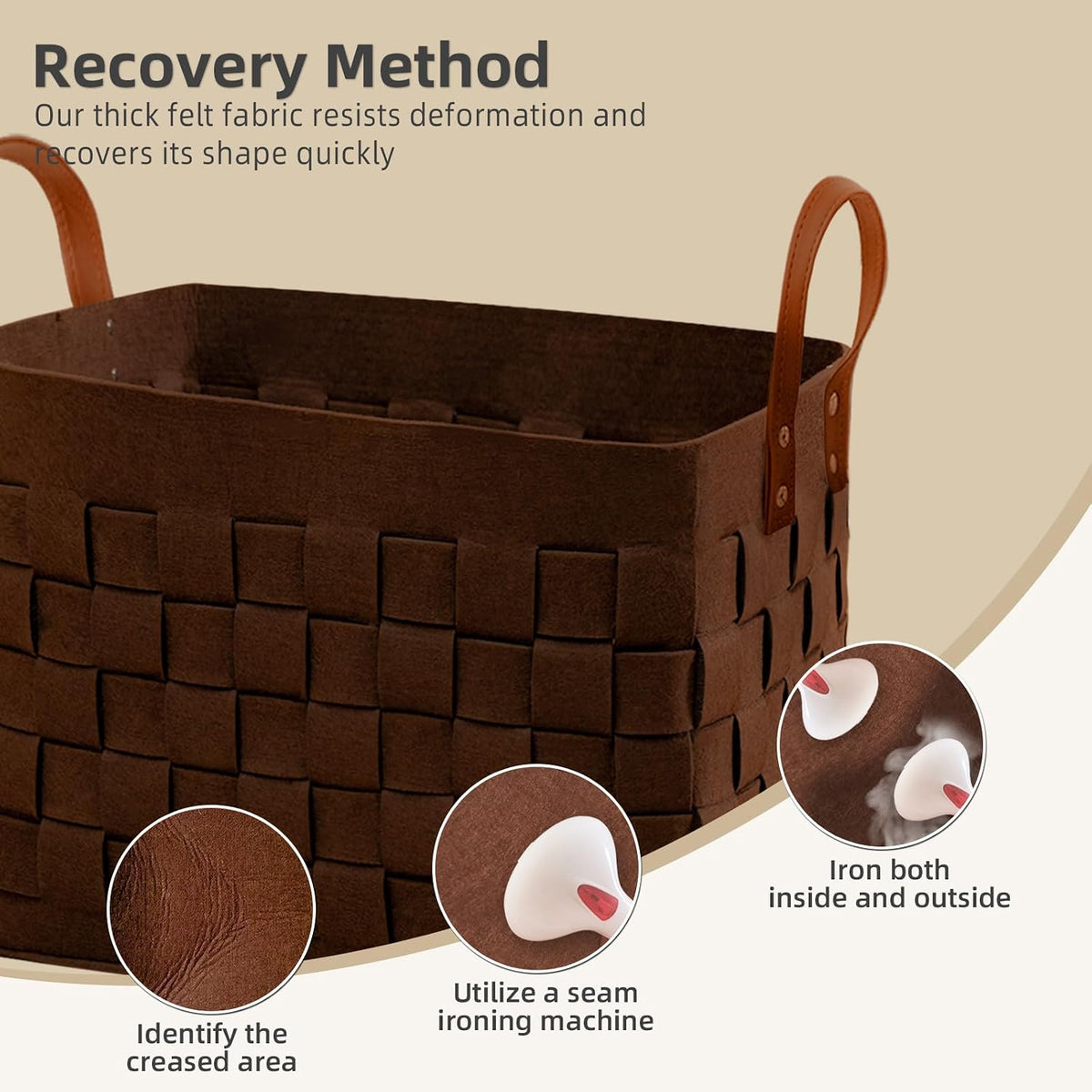 boldmonkey Laundry Basket 15 " x13 x11 2 Pack, Large Rectangular Felt Fabric Blanket Basket with Leather Handle, Dirt Clothes Laundry Hamper for Babies, Dogs and Living Room-Brown