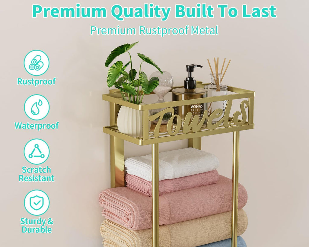 HapiRm Towel Rack Bathroom Storage - 3 Tier Over The Door & Wall Mounted Rolled Towel Racks Holder Organizer with Metal Shelf and 6 Hooks for Small Bathroom, Camper, Rv - Gold