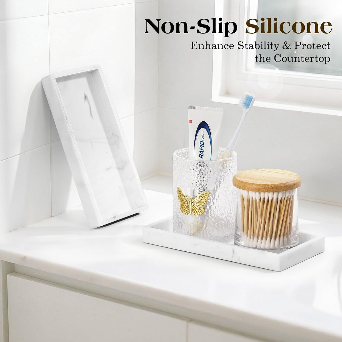 Luxspire 2 Pack Silicone Bathroom Tray 7.9" Vanity Tray, Marble White