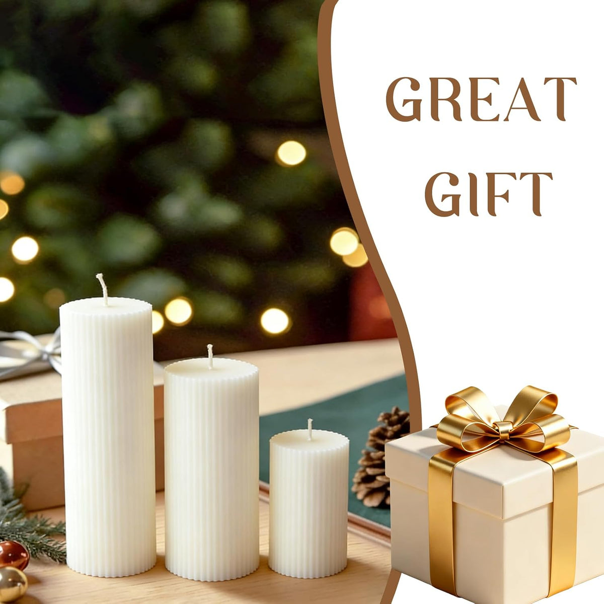 Tall Ribbed Pillar Candles 3x8 Inch 3 Pack White Soy