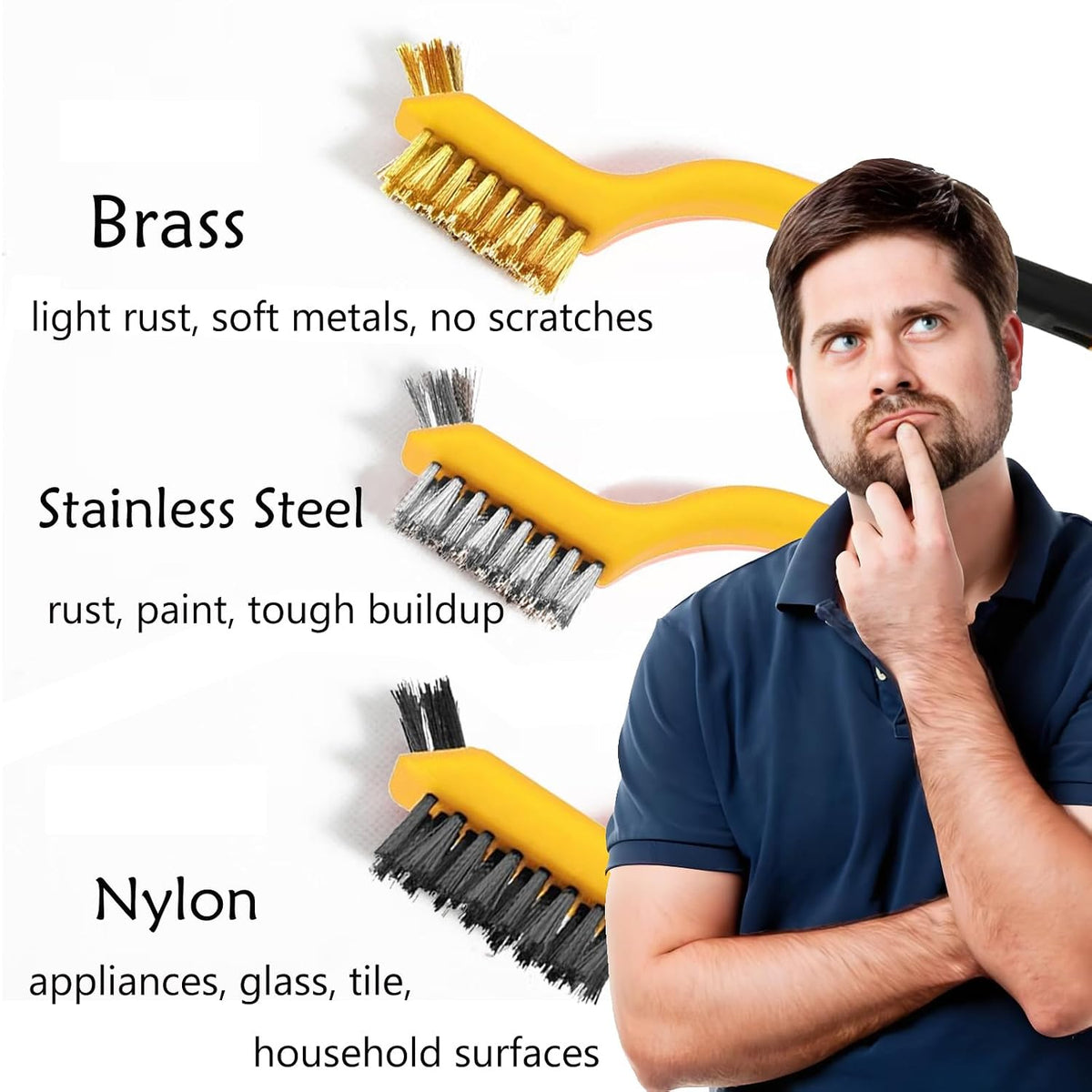 Rust Remover Wire Brush Set, 6 Pcs Brass/Stainless Steel/Nylon