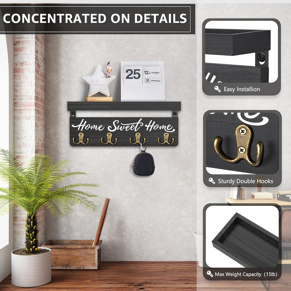 buways Key Holder Wall Mount with 8 Hooks and Cozy Home Sign(Black)