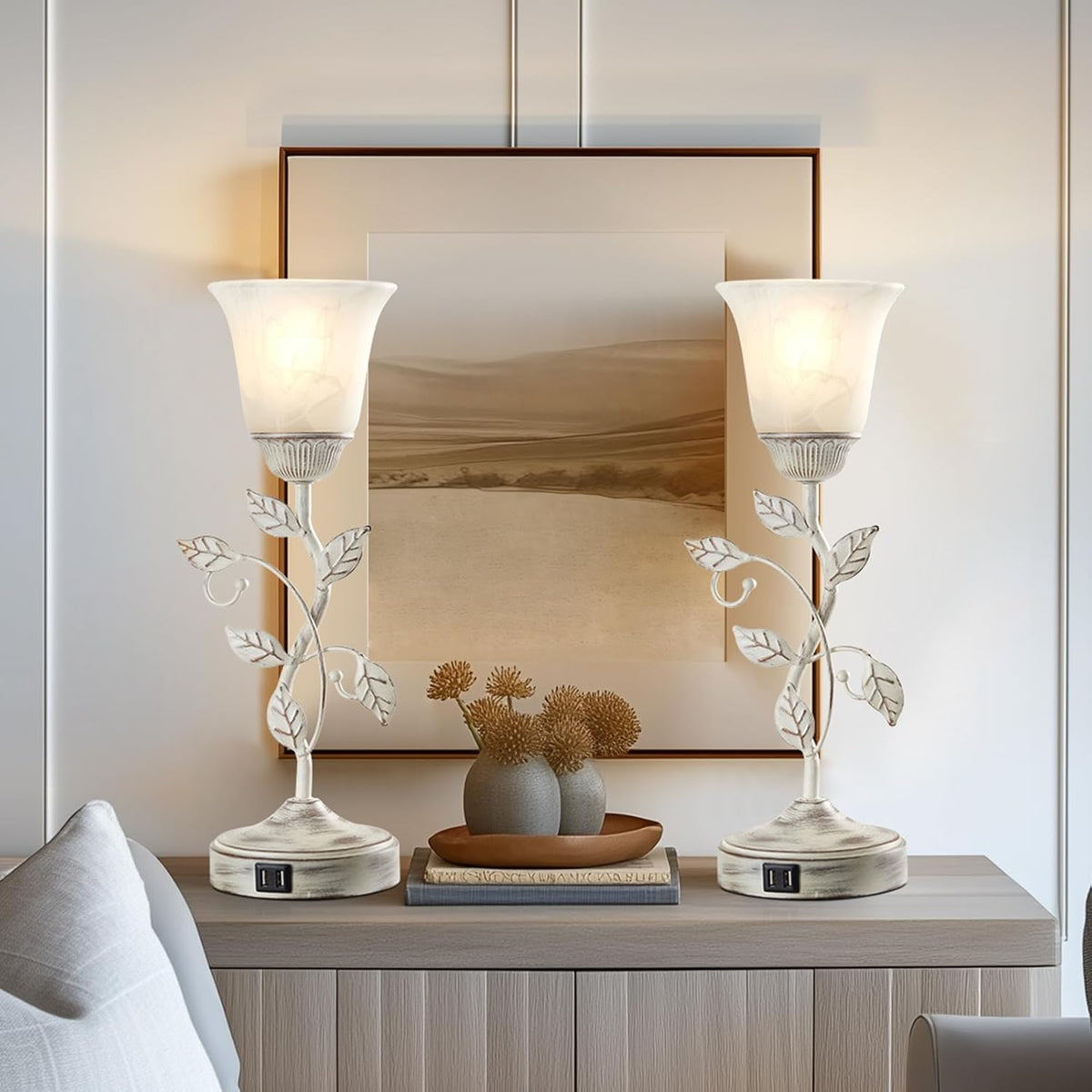 Set of 2 Rustic Touch Table Lamps for Bedroom 2 USB C+A