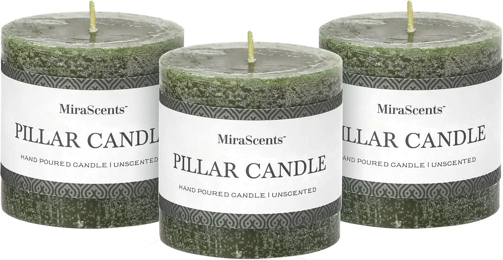3x3 Inch Moss Green Pillar Candles - Set of 3, Long Clean Burning, Smokeless Dripless Candles for Spring Home Decor, Dinner Table, Bathroom, Rustic Decor