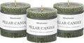 3x3 Inch Moss Green Pillar Candles - Set of 3, Long Clean Burning, Smokeless Dripless Candles for Spring Home Decor, Dinner Table, Bathroom, Rustic Decor