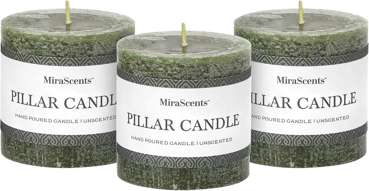 3x3 Inch Moss Green Pillar Candles - Set of 3, Long Clean Burning, Smokeless Dripless Candles for Spring Home Decor, Dinner Table, Bathroom, Rustic Decor