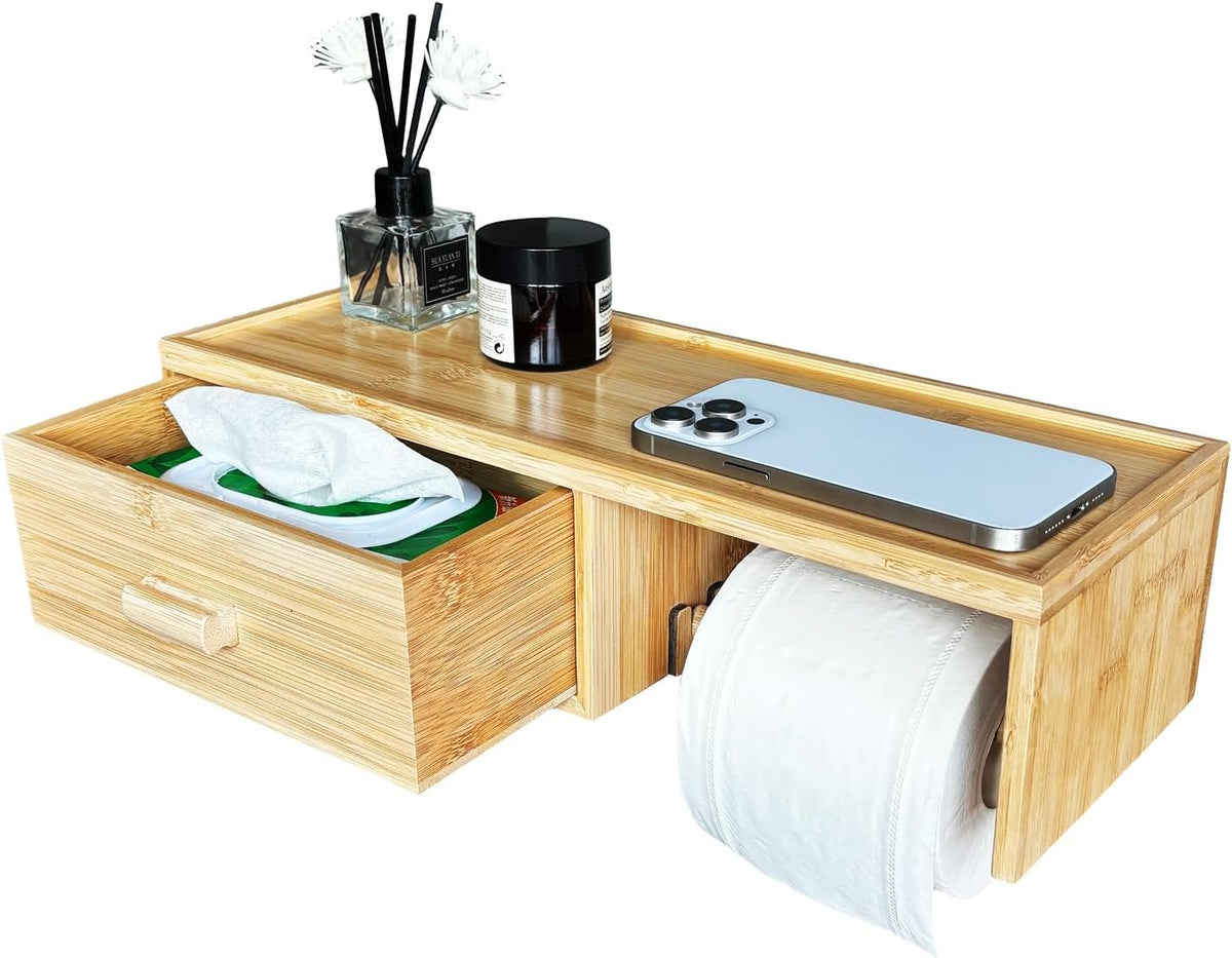 Large Bamboo Toilet Paper Holder with Shelf,Wall Mount Bathroom Holder with Wet Wipes Storage Drawer(Natural)