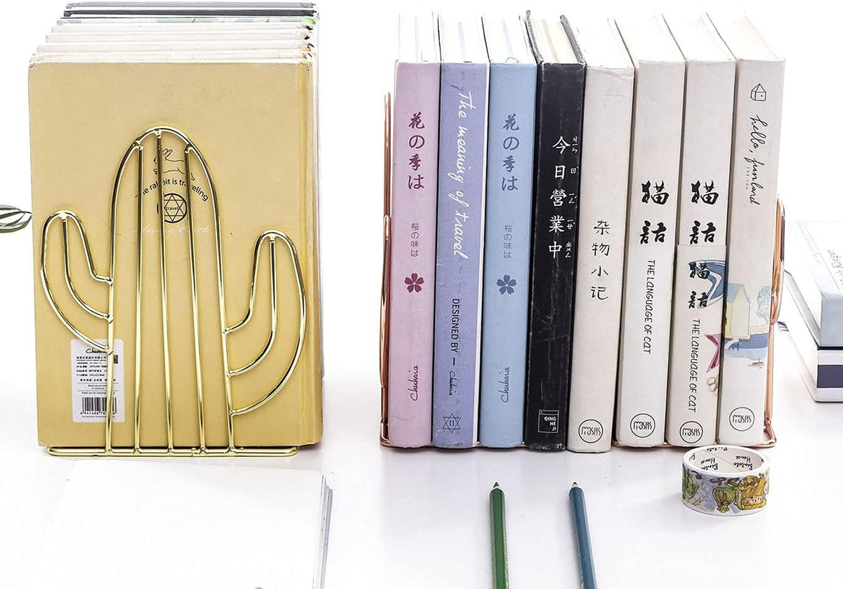 Cactus Bookends - Iron Metal Non-Slip Shelf Organizers for Home, Office & Kids' Rooms
