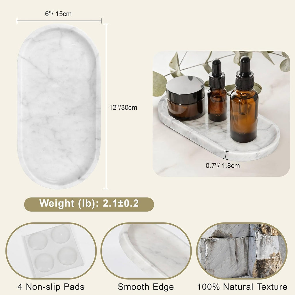 Natural Marble Tray for Vanity, 2" L x 6" W White and Gray Marble Tray with 4 Non-Slip Silicone Gaskets, Decorative Tray for Perfume, Jewelry, Coffee Table, Kitchen, Dresser Organizer