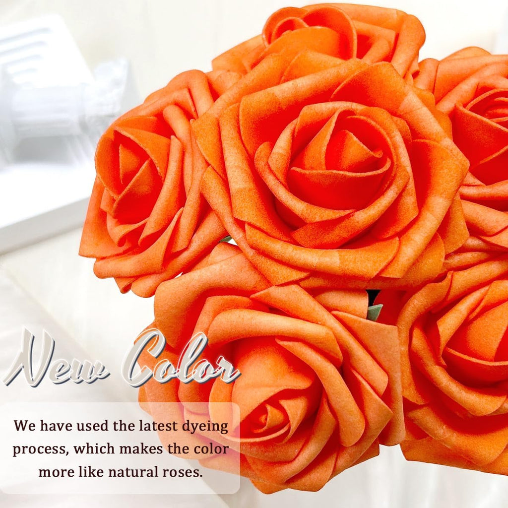 50pcs Artificial Flowers Foam Fake Rose with Stems 12 Leaves Real Looking Bright Orange Faux Roses for Wedding Bouquets Bridal Shower Centerpieces Arrangements Party Tables Decorations DIY (Orange)