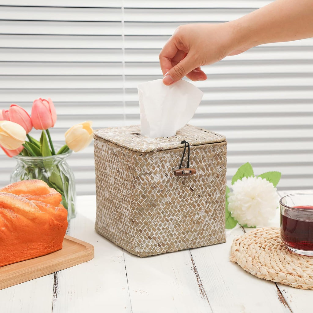 4 Pack Seagrass Tissue Box Cover Square Woven Tissue Box Holder Square Boho Decor Tissue Holder with Lid Farmhouse Tissue Box Cover for Toilet Bathroom Living Room Kitchen Bedroom Office Dorm