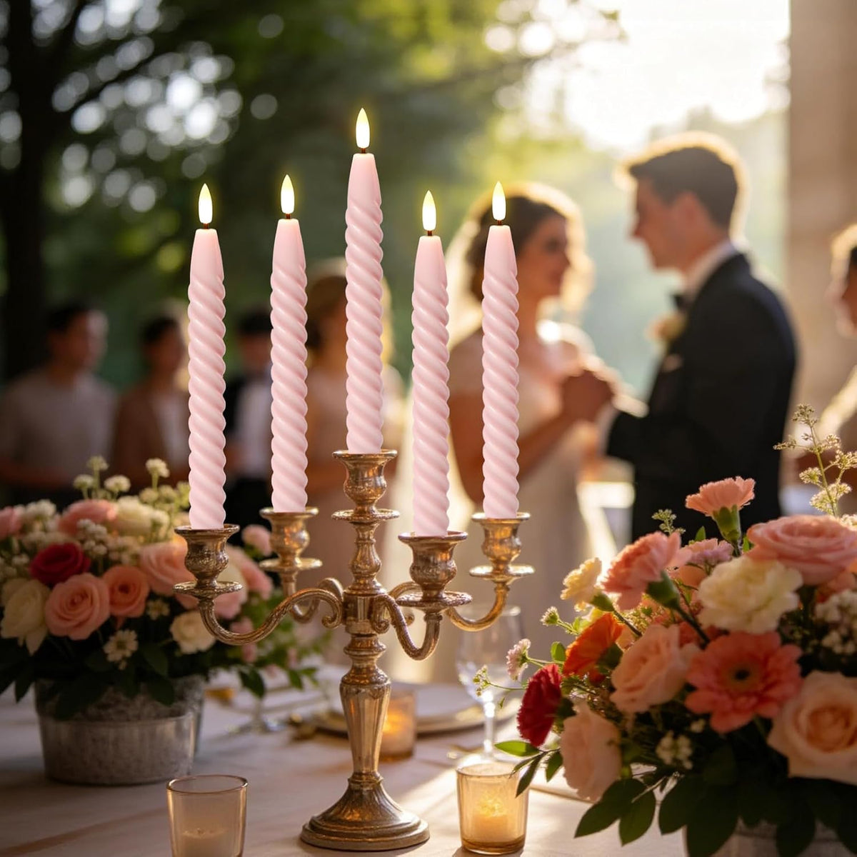 Pink Flameless Taper Candles Flickering with Remote Timer